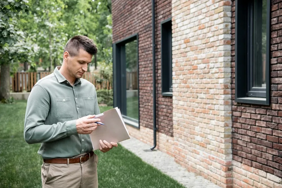 Appraiser with a clipboard taking notes outside a brick home