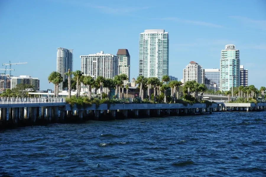 St. Petersburg and Tampa Bay waterfront skyline with palm trees and blue water